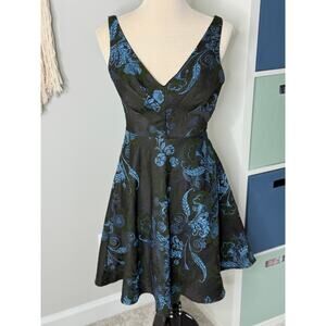 Anthropologie Blue Green Embroidered Brocade Fit & Flare Floral Mini Dress 0